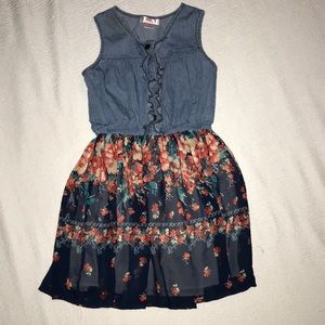 Denim dress with floral skirt